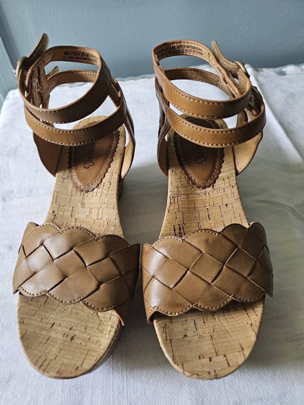 BareTraps Tan Woven Cork Wedge Sandals